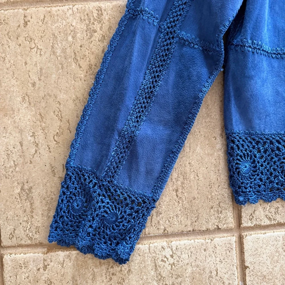 Vintage Y2K Size XL Blue Suede Leather Patchwork Jacket Lace Western‎ Crochet